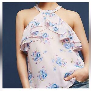 Anthropologie Seraphina Ruffled Ro & De Halter Blouse pink floral, size small.